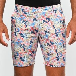 Postmarc Men's Khaki & Blue Floral Print Casual Stretch 8 inch Shorts Cotton